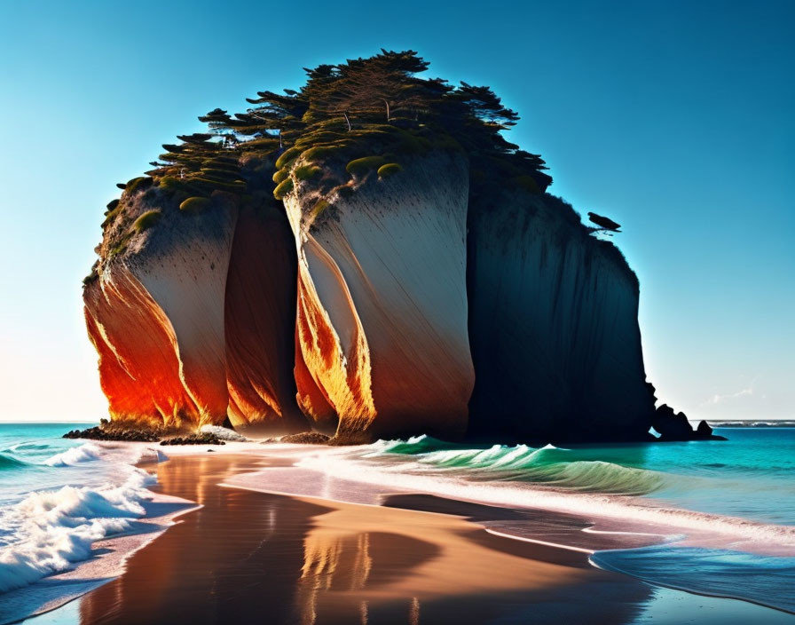 Majestic split rock formation on sandy beach with trees and waves