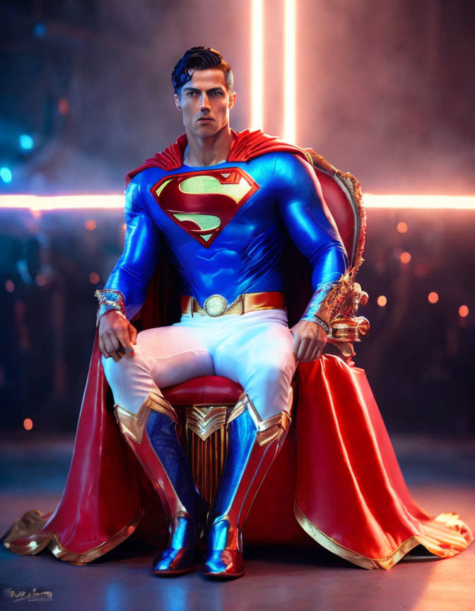 Heroic Figure in Vibrant Superman Costume on Throne with Dramatic Backdrop