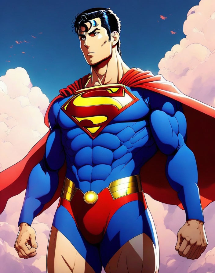 Muscular animated superhero in blue suit with 'S' symbol against cloudy sky.