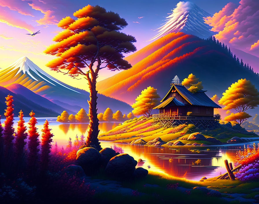 Digital artwork: Serene landscape with traditional house, lake, colorful trees, flowers, mountains