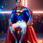 Heroic Figure in Vibrant Superman Costume on Throne with Dramatic Backdrop