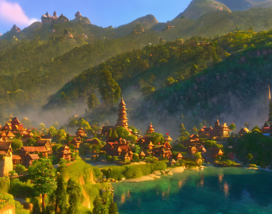 Tranquil Fantasy Village Set in Lush Hills