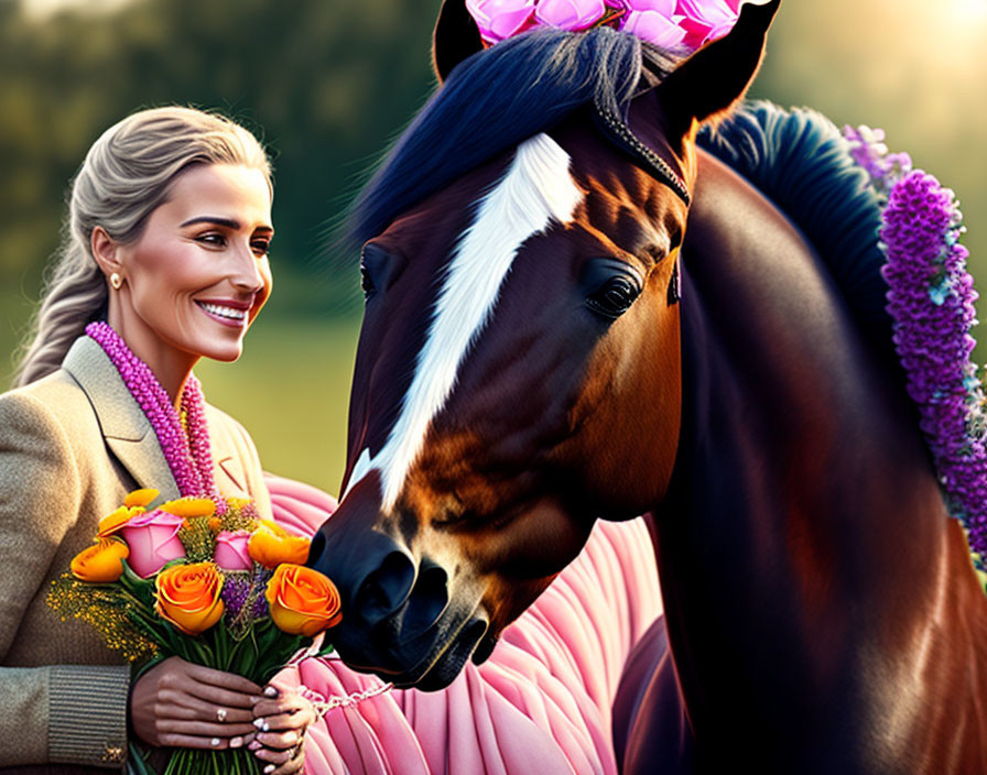 Smiling woman with yellow roses beside adorned horse in sunlight