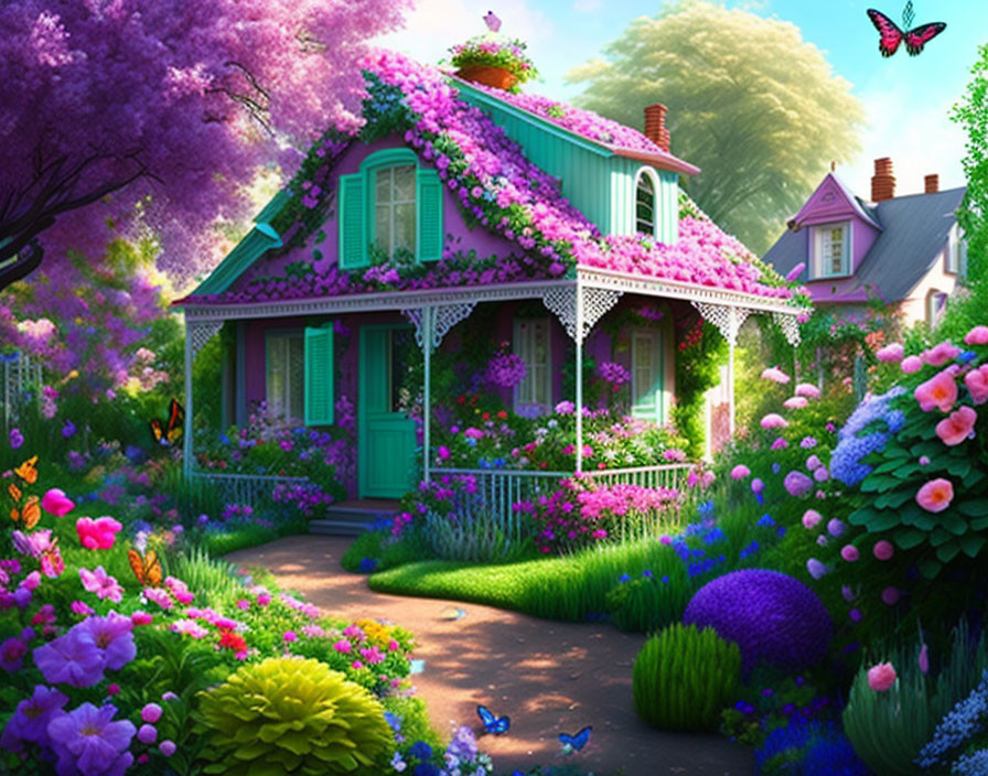 Charming cottage surrounded by colorful flowers and lush greenery, with a fluttering butterfly under the sun