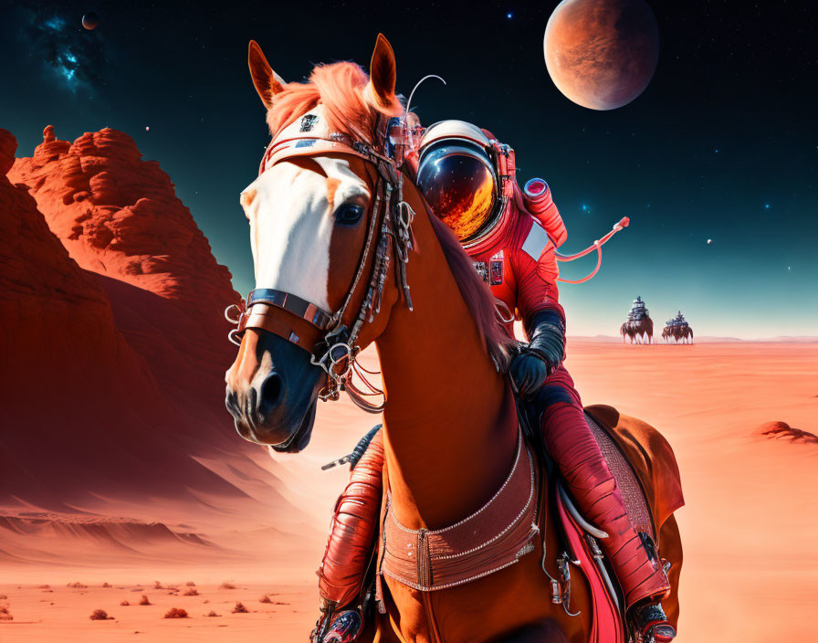 Astronauts on horseback in alien desert with rock formations and moons