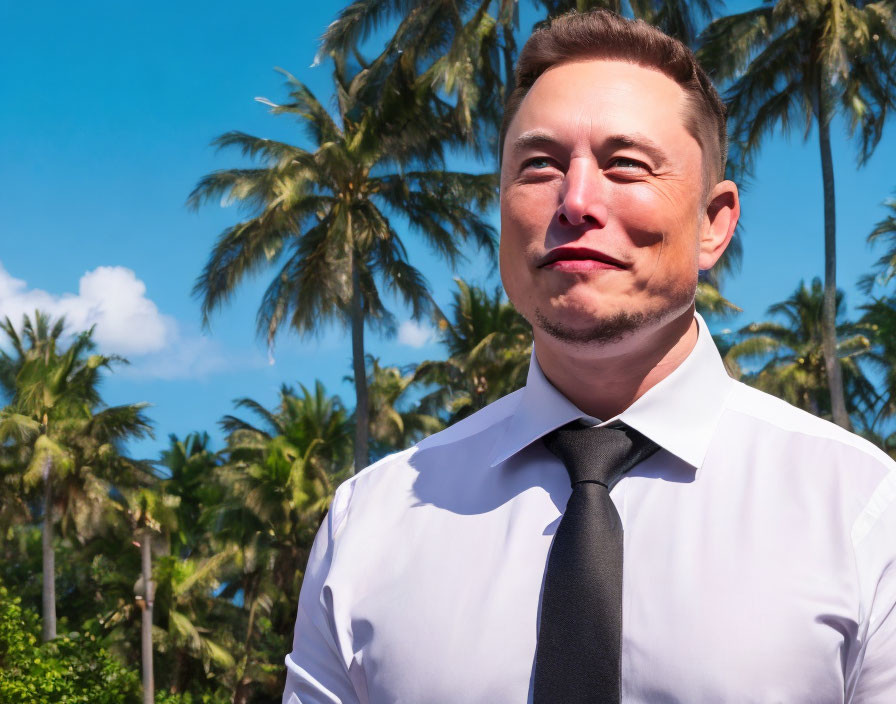 Confident man in white shirt and tie against sunny palm tree backdrop