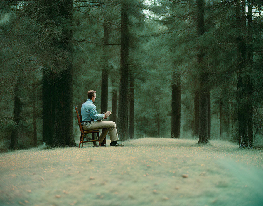 Man sitting on wooden chair in pine forest surrounded by fallen leaves