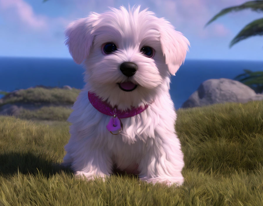 White animated puppy with pink collar on grassy hill by the sea