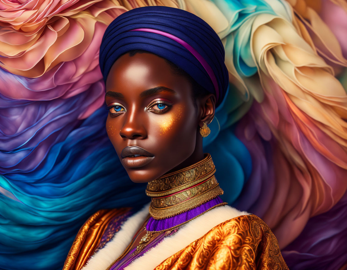 Portrait of woman with deep skin tone, golden makeup, blue headwrap, and ornate gold jewelry