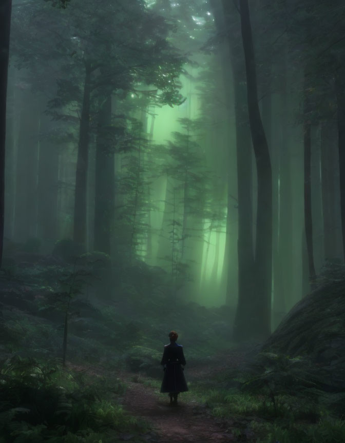 Solitary figure on misty forest path with tall trees and soft light