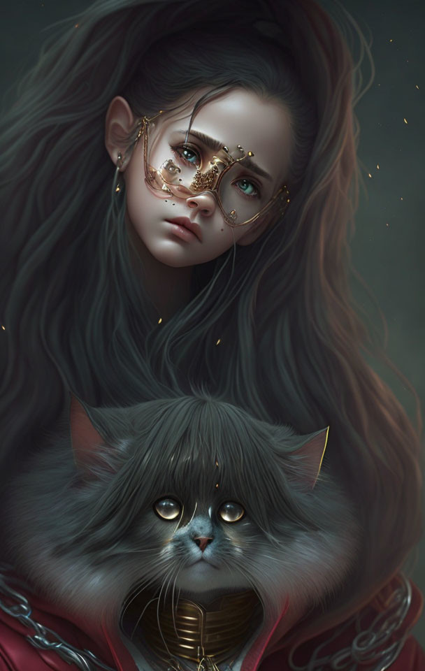 Digital painting of woman with long dark hair and ornate gold eyewear, with fluffy grey cat.