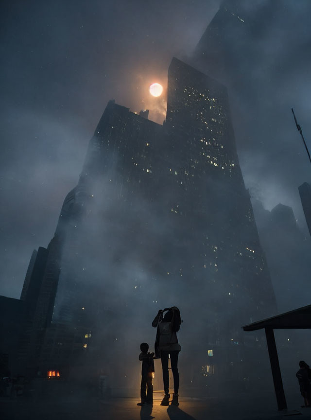 Silhouetted figure and child gaze at misty skyscrapers under dimly lit sky