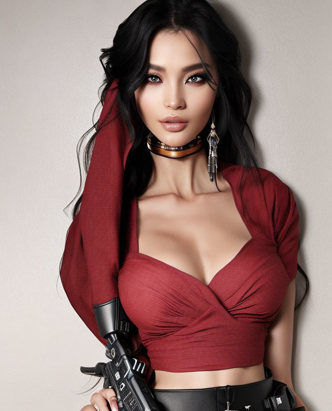 Woman with long black hair in red crop top holding futuristic blaster