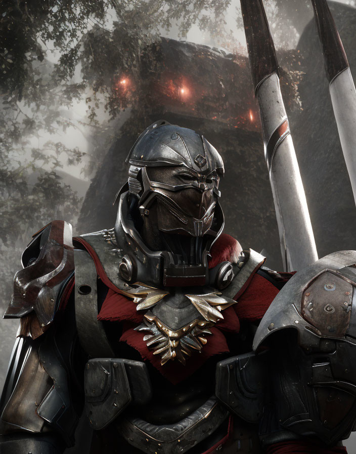 Ornate armored knight with glowing red eyes in misty forest