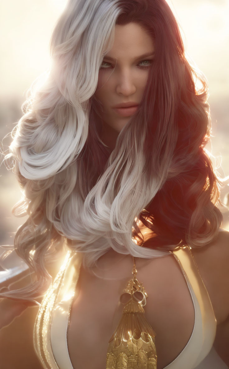 Woman with Half White & Half Red Hair in Gold-Trimmed Dress & Golden Pendant