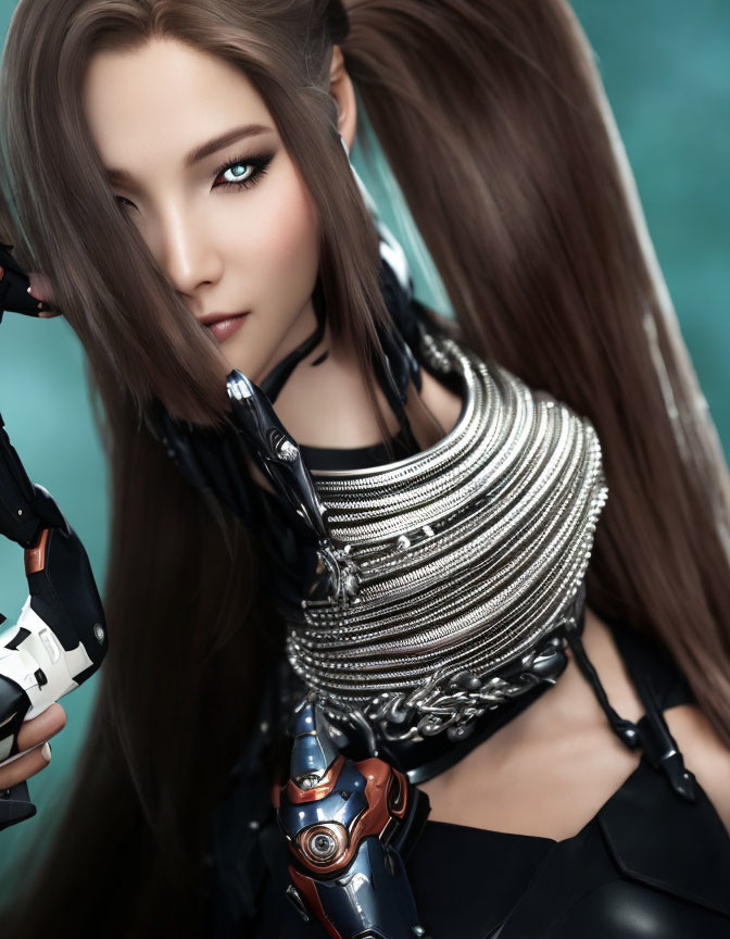 Digital artwork of female character with long brown hair, green eyes, and cybernetic arms.