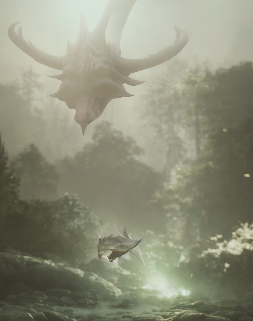 Dragon with large antlers in misty forest under soft light.