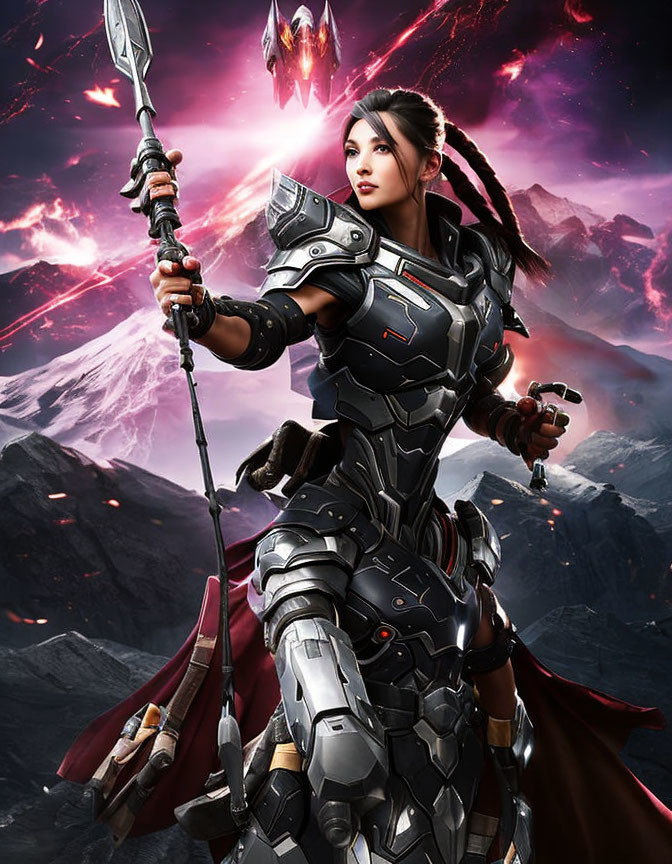 Female warrior in futuristic armor with spear against mountain backdrop.