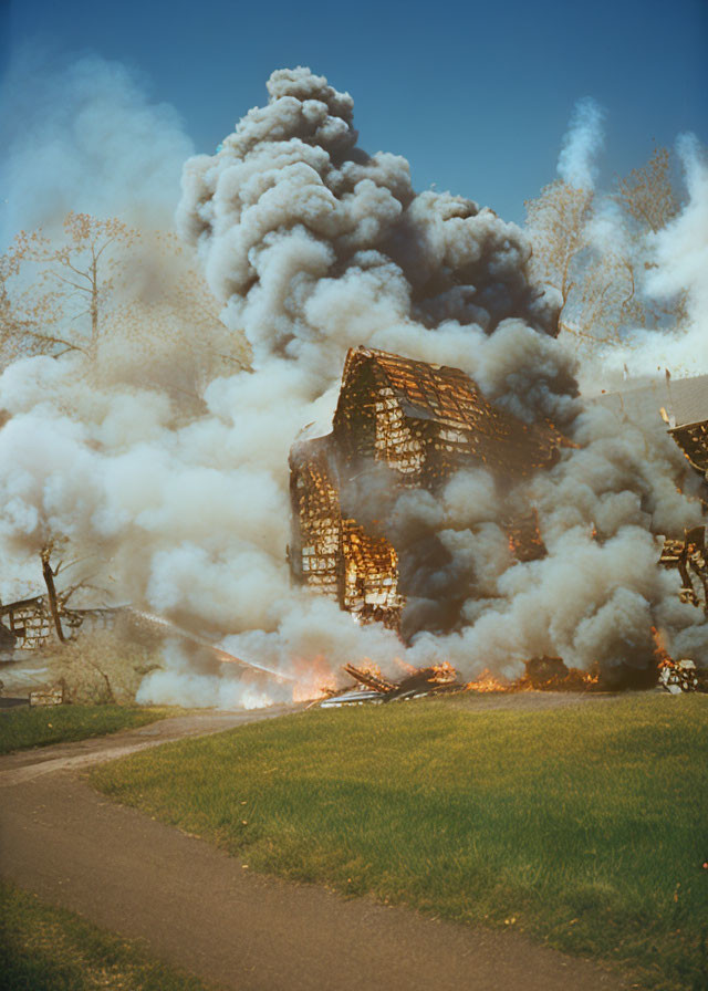 Wooden structure ablaze with smoke against clear sky from grassy area.