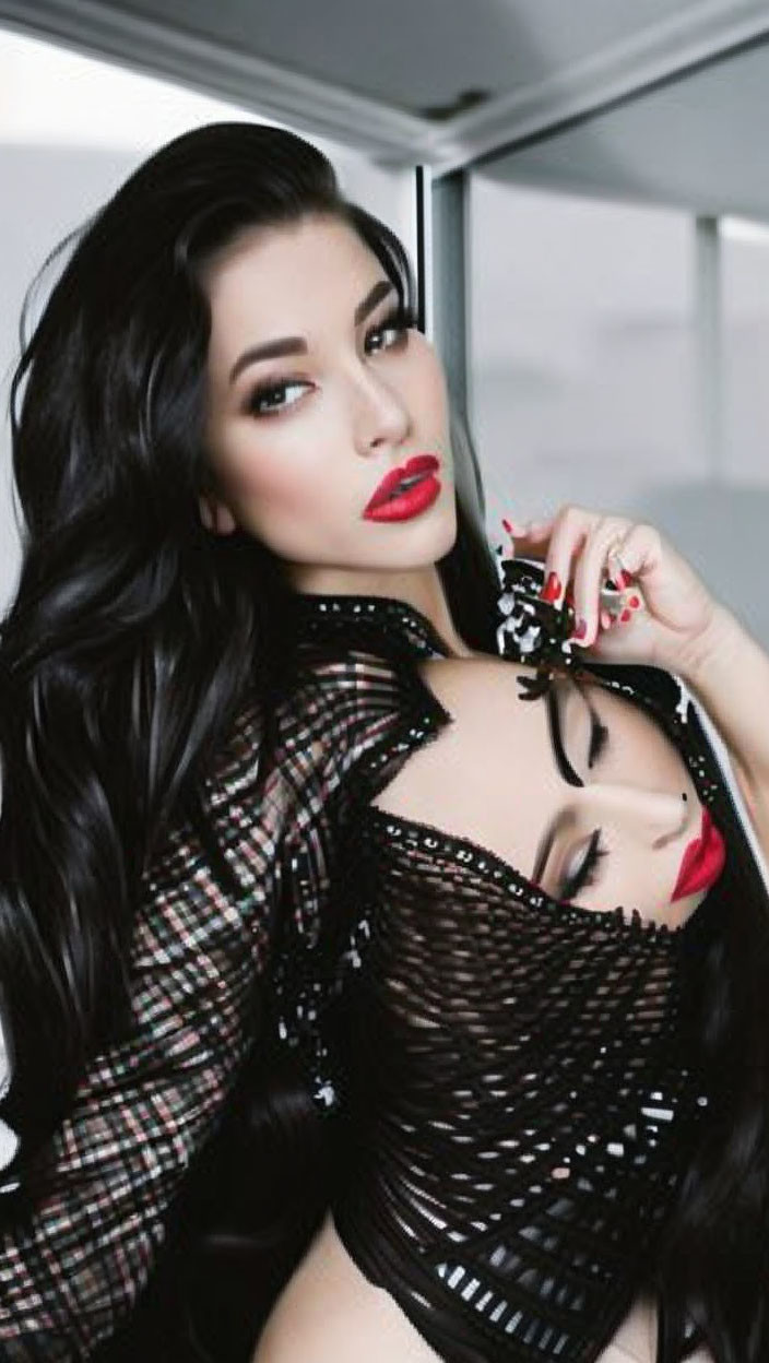 Dark-haired woman in black outfit with red lipstick and mirrored reflection