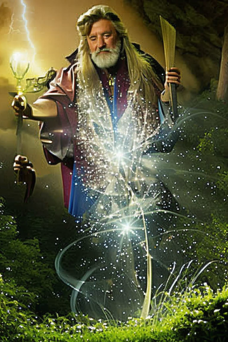 Wizard with white beard in mystical forest with staff and torch