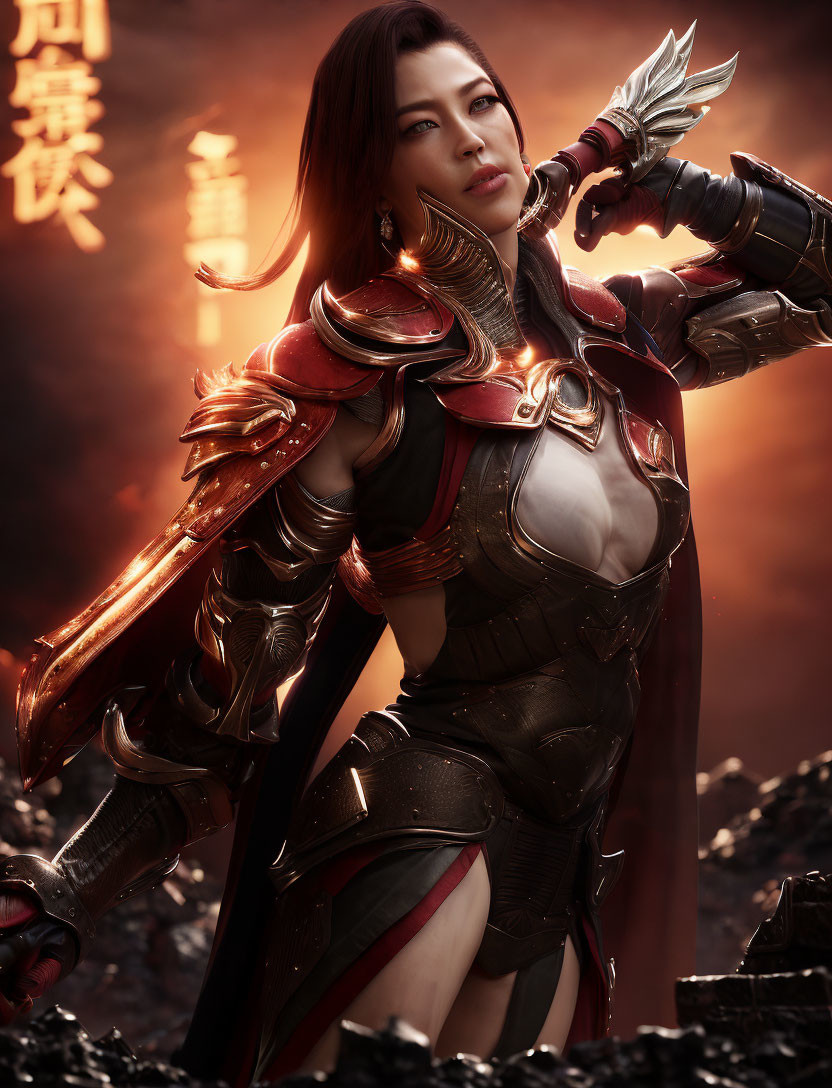 Female warrior in red and brown armor amid fiery backdrop