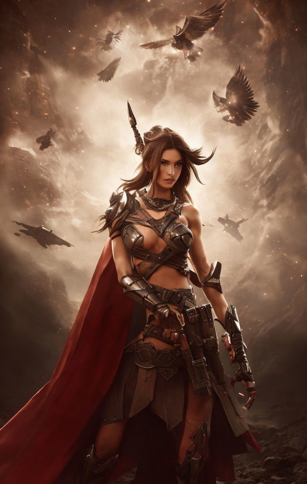 Warrior woman in ornate armor with sword and shield under dramatic sky