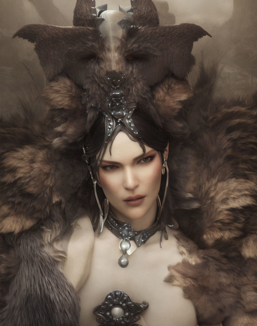 Fantasy-themed portrait of a woman with pale skin and dark hair wearing wolf-like fur and ornate