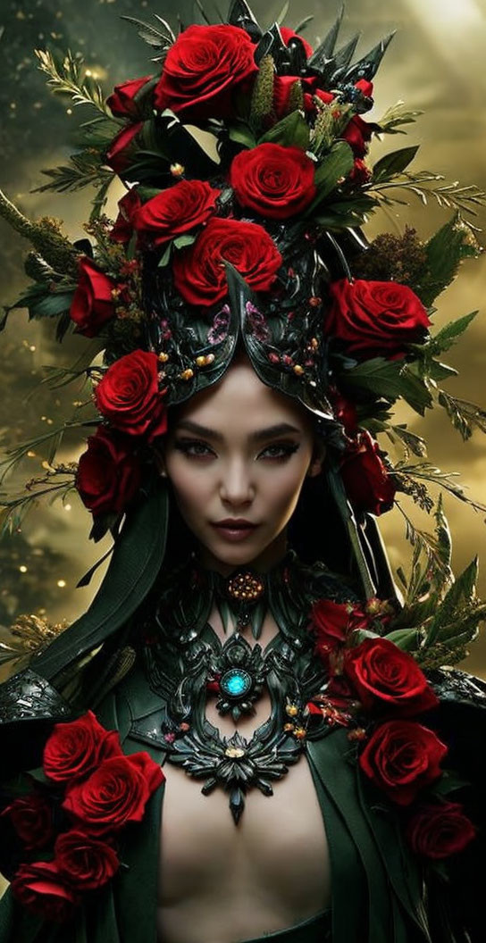 Fantasy-themed woman in red rose headdress and jeweled green costume in mystical forest.