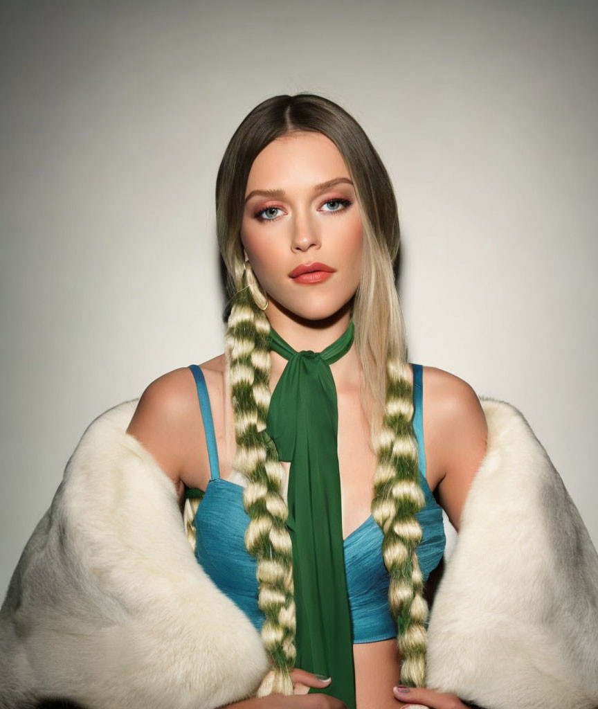 Portrait of Woman in Teal Dress with Braided Hair and Fur Coat