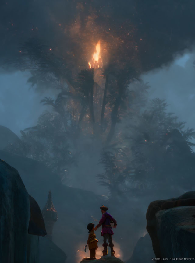 Animated characters witness fiery explosion on large tree in misty landscape