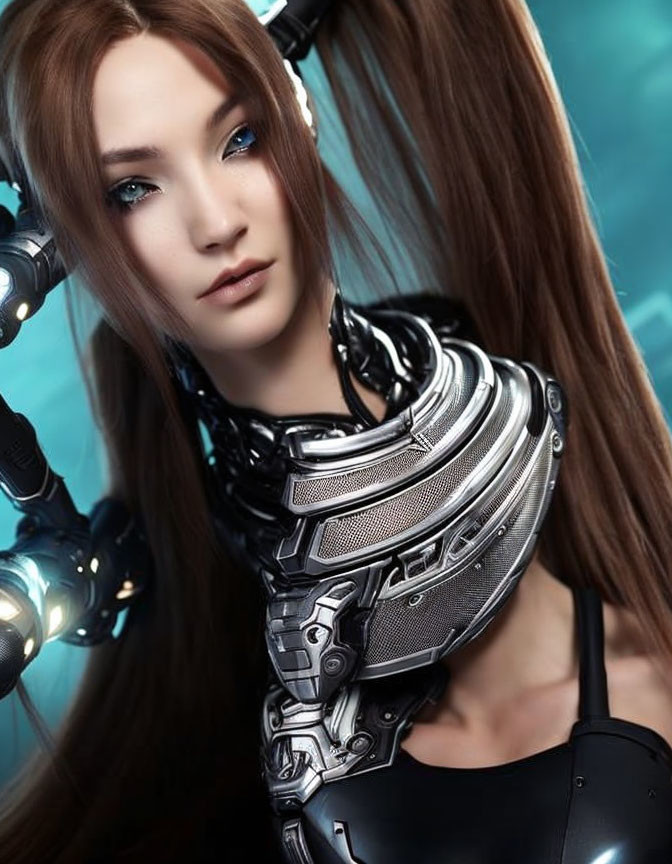 Female Cyborg with Long Brown Hair in Advanced Mechanical Armor