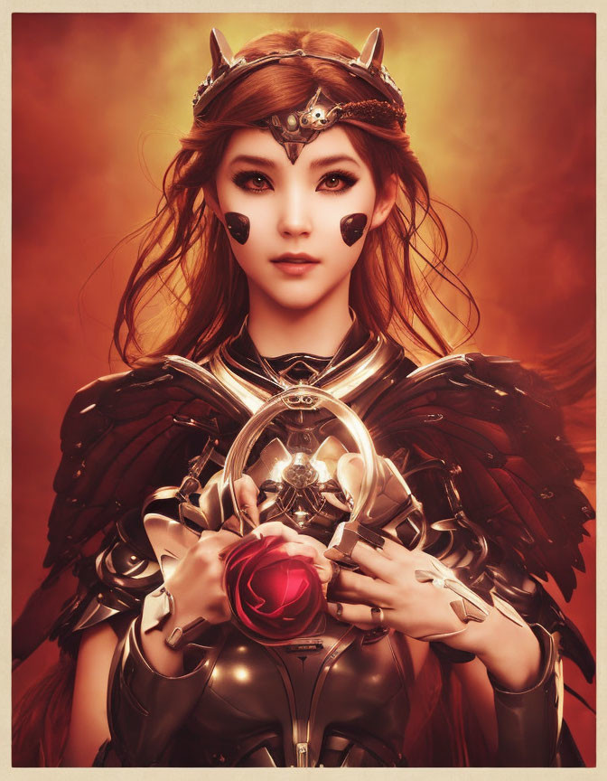 Fantasy female warrior digital artwork with silver armor and red orb