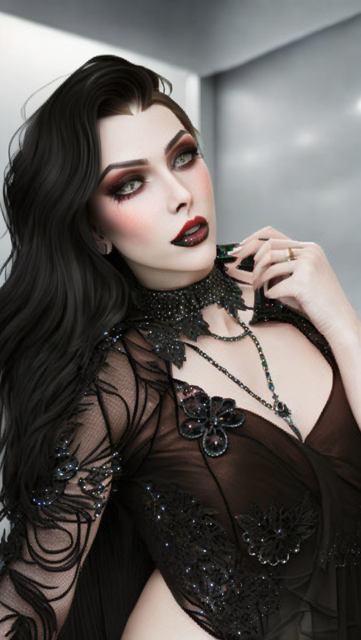 Digital portrait of woman with long black hair and red lipstick in dark embellished gown.