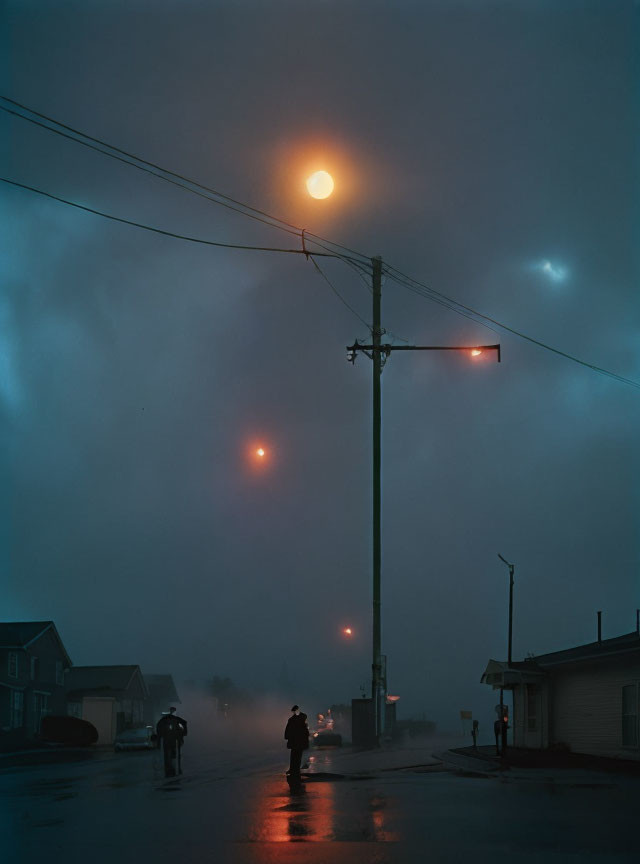 Person standing under streetlight in misty dusk scene.