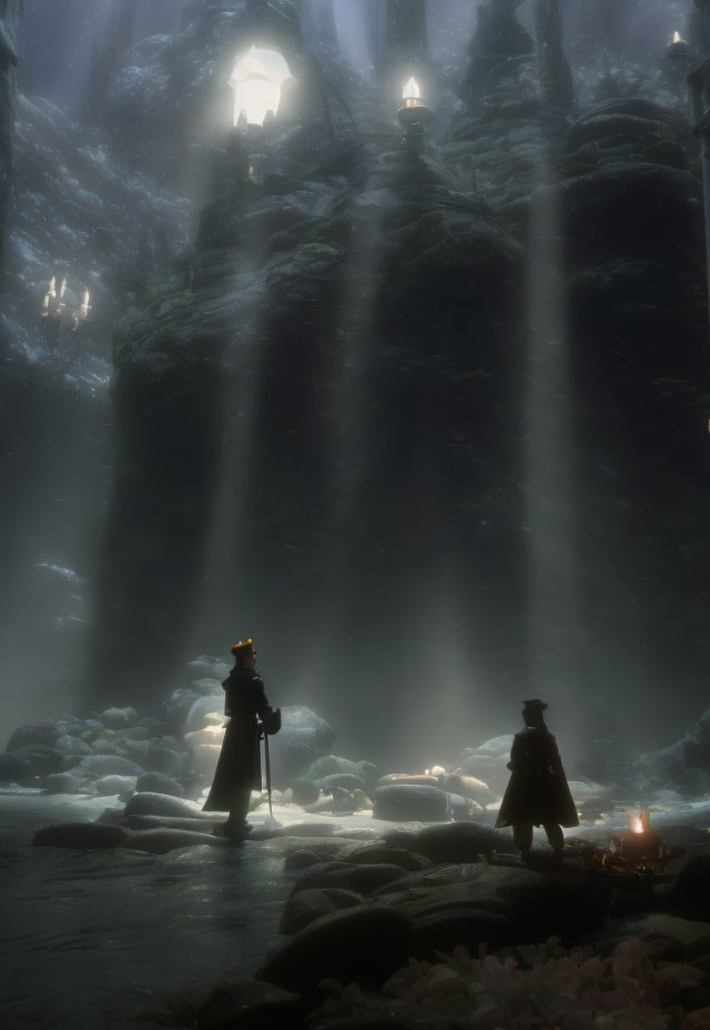 Mystical underground cave with two figures and lantern light