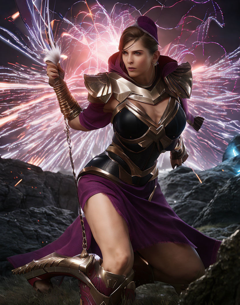 Fantastical warrior woman in golden armor wields glowing whip amid fireworks