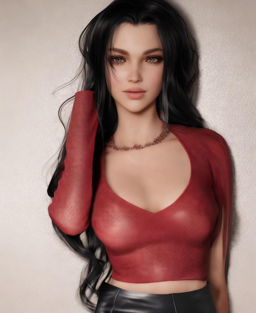 Detailed digital portrait of woman with black hair and red outfit