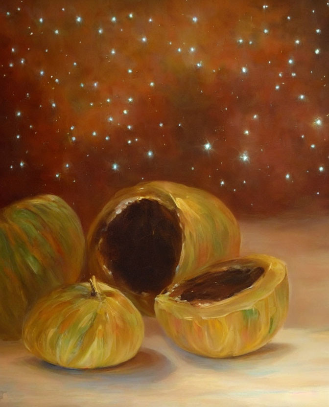 Still Life Painting: Three Green Figs on Starry Background