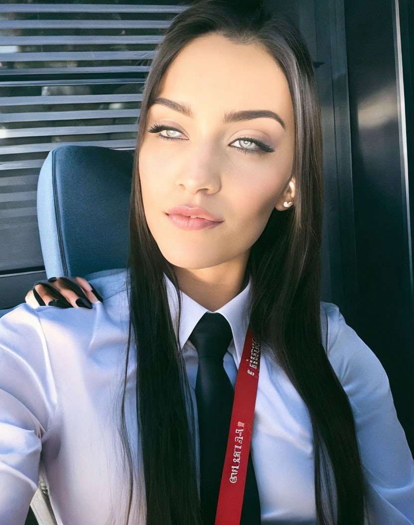 Dark-Haired Woman in White Shirt and Tie Poses by Window Blinds