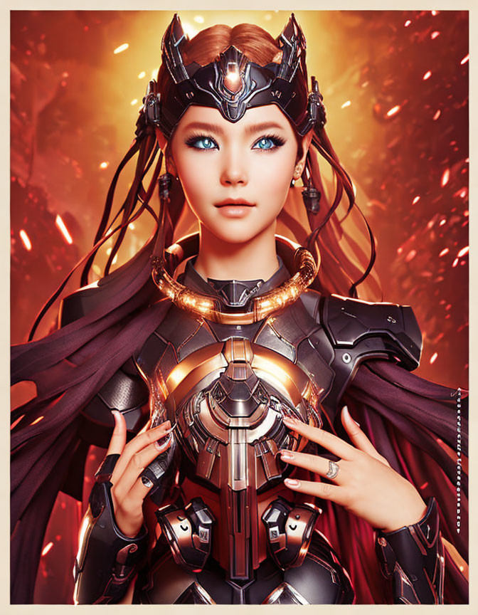 Futuristic digital artwork of woman in metallic armor with blue eyes