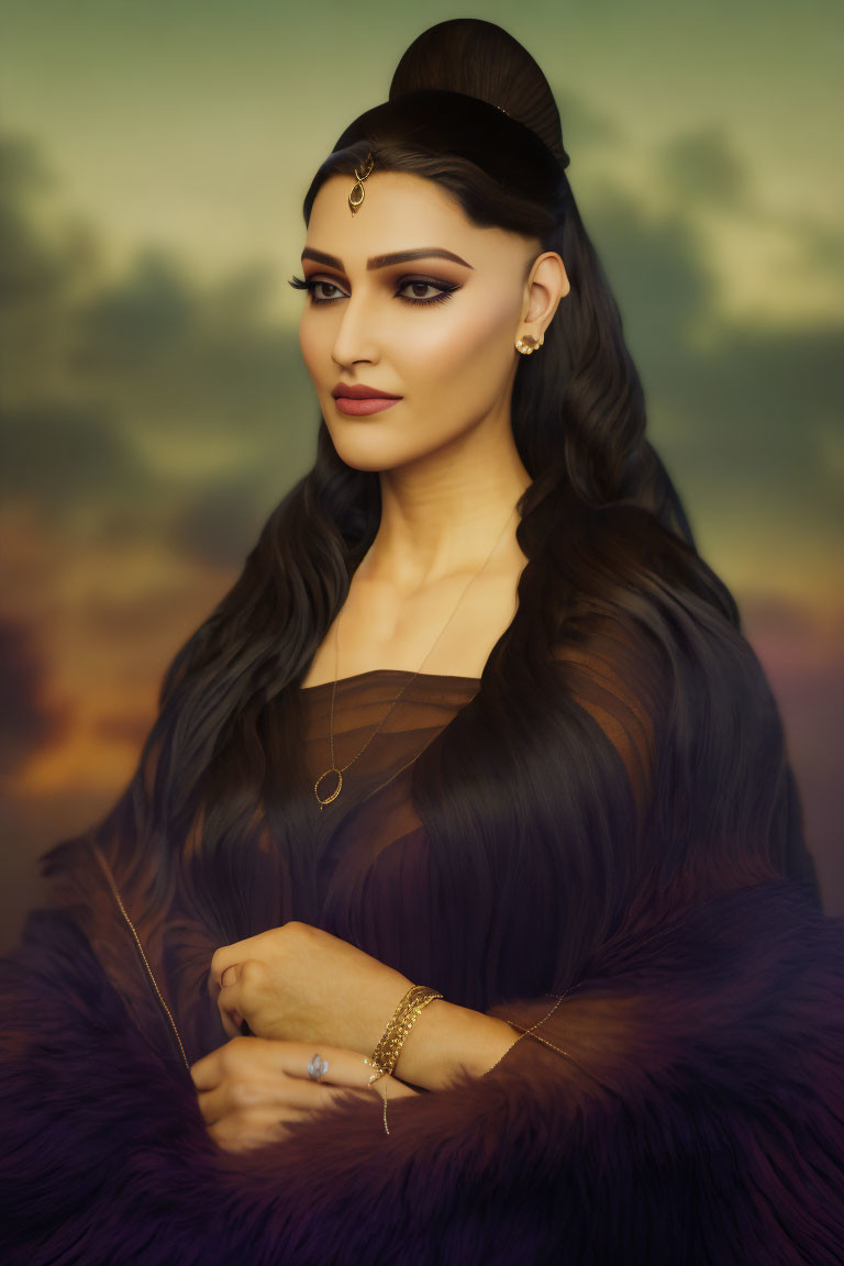 Dark-haired woman in updo with nose ring and head jewelry in fur garment against twilight sky.