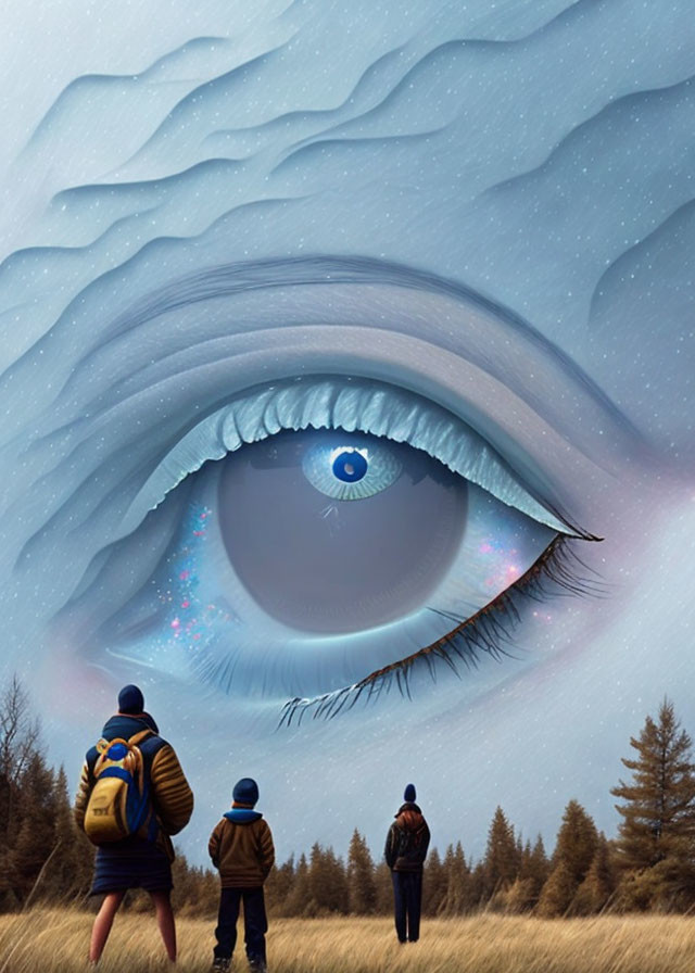 Hikers viewing surreal oversized human eye in winter landscape