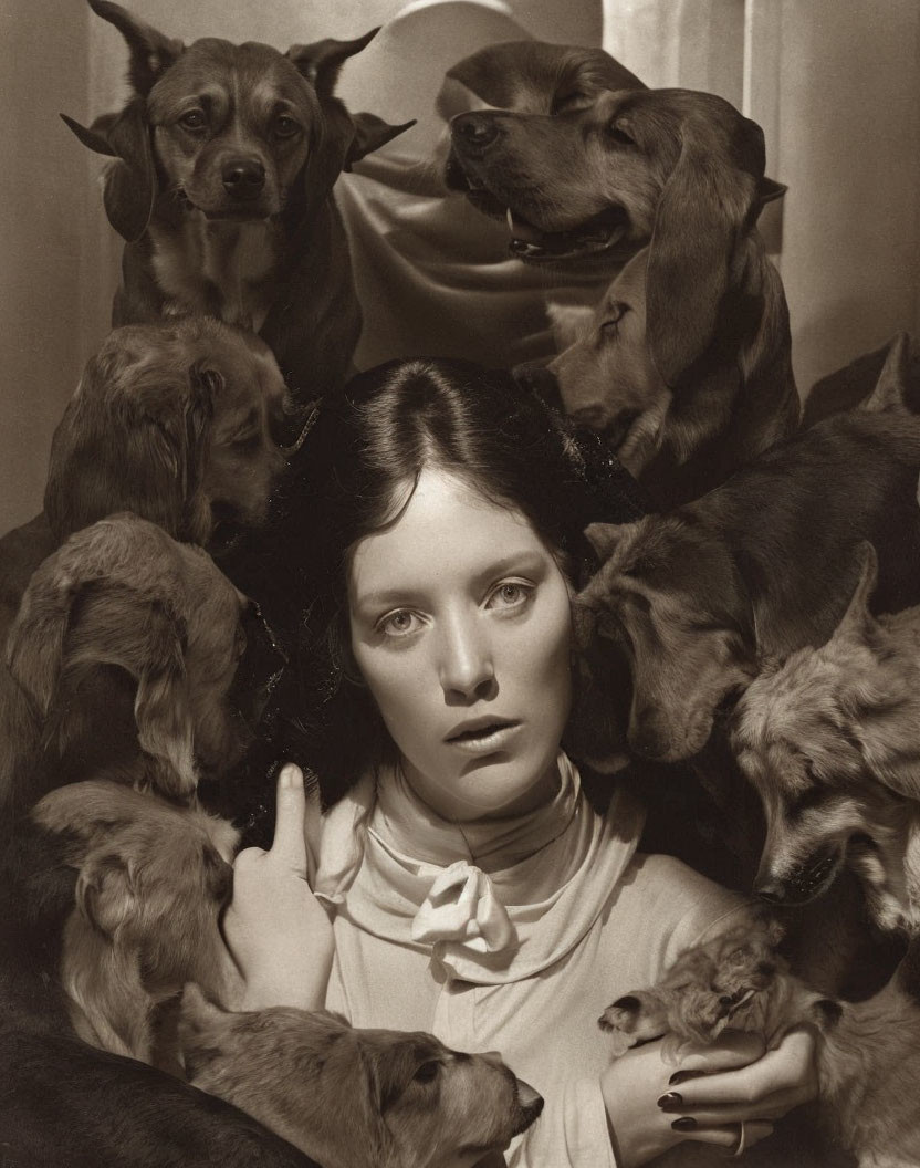 Sepia-Toned Photograph: Solemn Woman with Multiple Dachshunds