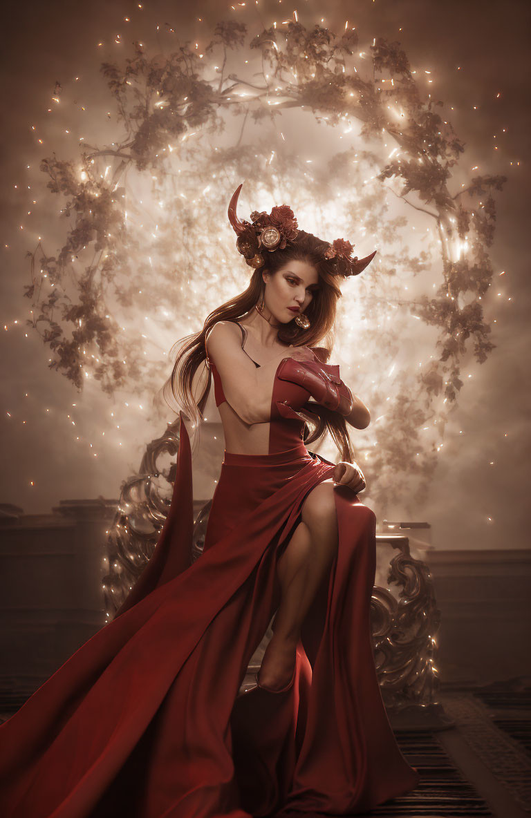 Woman in Red Dress and Horns Poses Dramatically in Fantasy Setting