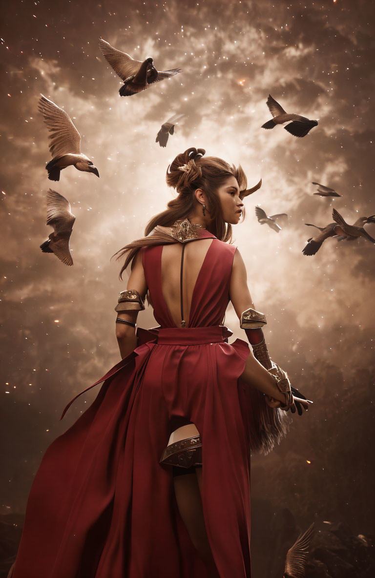 Woman in Red Dress Surrounded by Birds in Dramatic Sky