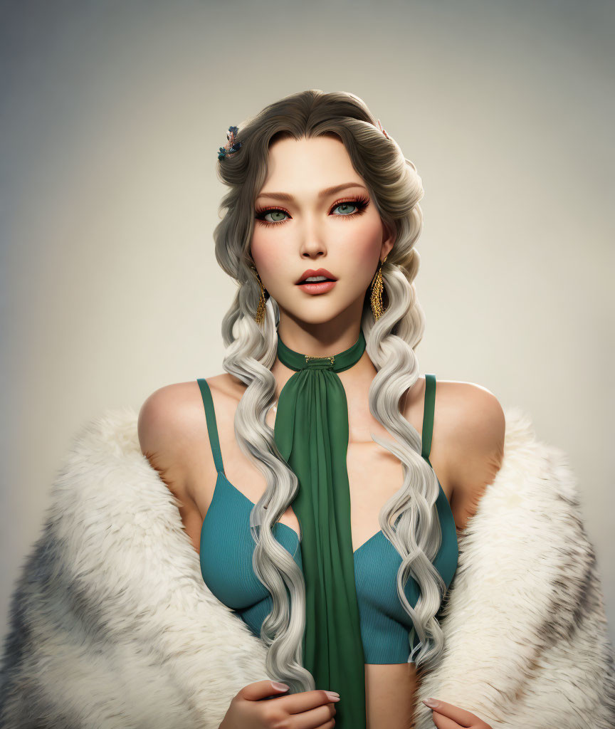 Illustrated woman with braided hair and green eyes in teal dress with white fur shawl