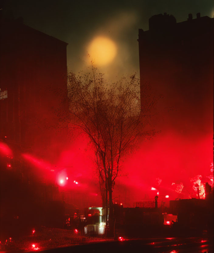 Foggy Night Scene: Tree Silhouette and Buildings in Red and Orange Glow