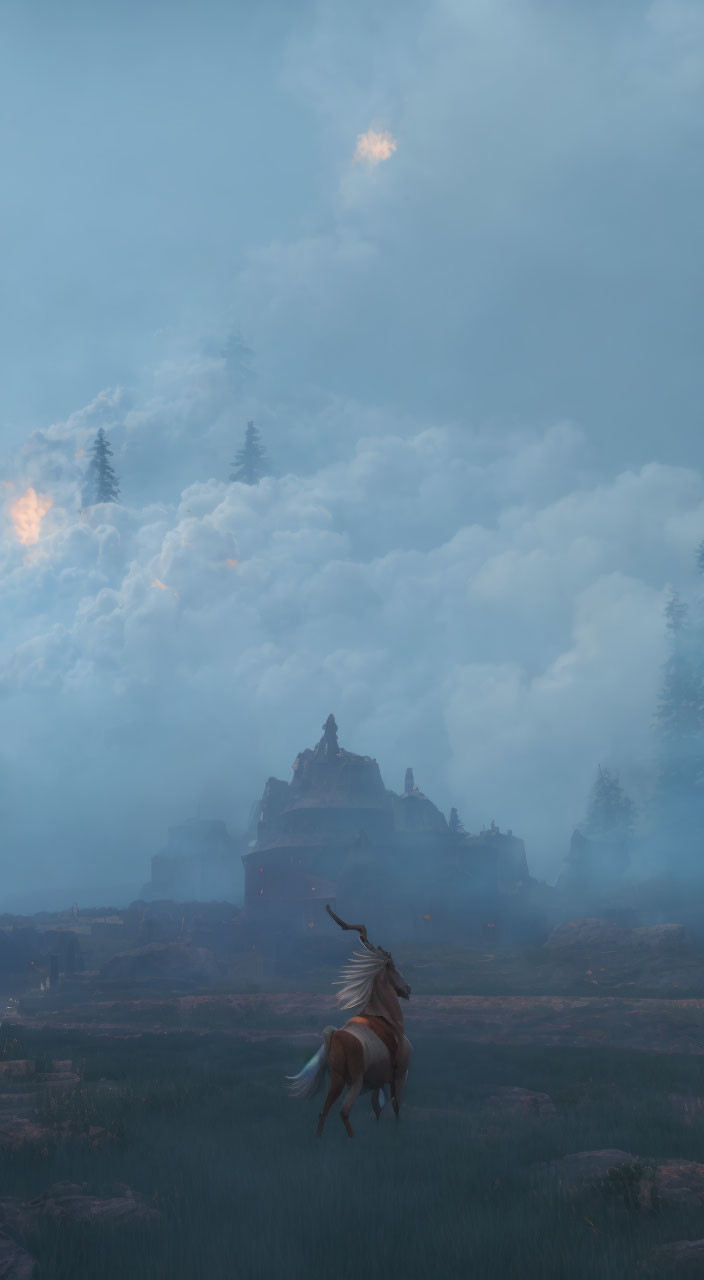 Horse rearing on grassy plain with castle in twilight sky