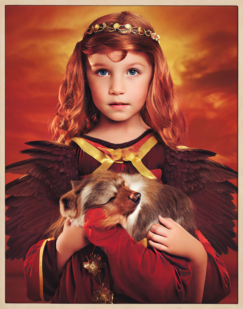 Young girl in red dress with gold crown and angel wings holding a cat on orange background